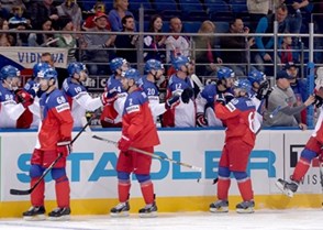 MINSK, BELARUS - MAY 11: Team Czech Republic celebrates after their first goal of the game against Team Sweden during preliminary round action at the 2014 IIHF Ice Hockey World Championship. (Photo by Richard Wolowicz/HHOF-IIHF Images)

