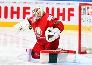 MINSK, BELARUS - MAY 22: Kevin Lalande #35 of Belarus makes a save on this play during quarterfinal round action against Sweden at the 2014 IIHF Ice Hockey World Championship. (Photo by Andre Ringuette/HHOF-IIHF Images)